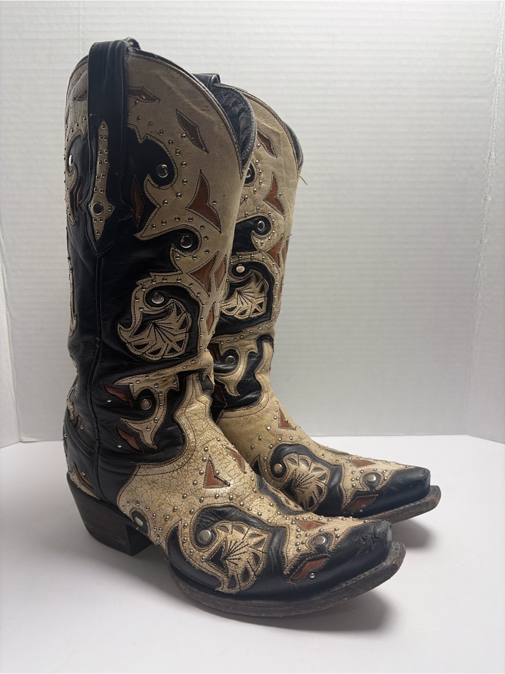 Lucchese 1883 Women’s 5.5B Studded Western Cowboy Boots Black Tan Leather